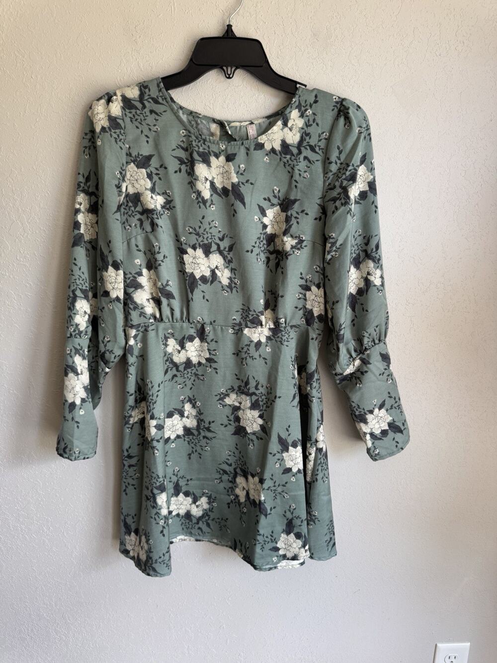 NWT Free People Sage Green White Floral Long Sleeve A-Line Mini Dress Womens 4